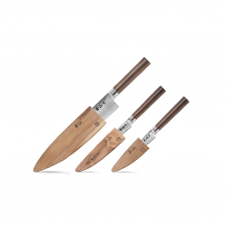 Knivsæt J-Serie, Cangshan 61932, Kokkekniv, bølget utilitykniv og urtekniv med træhylstre