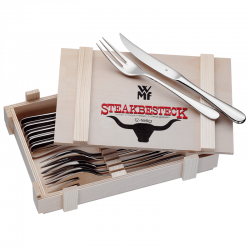 WMF Steakbestik/grillbestik blank stål, 6 sæt kniv og gaffel i trææske