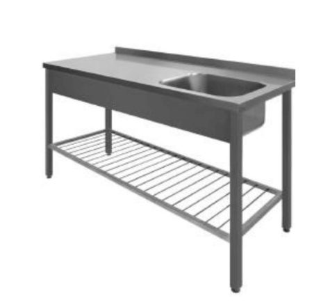Stålbord med vask og ribbet underhylde, 700 mm dyb i mange længder
